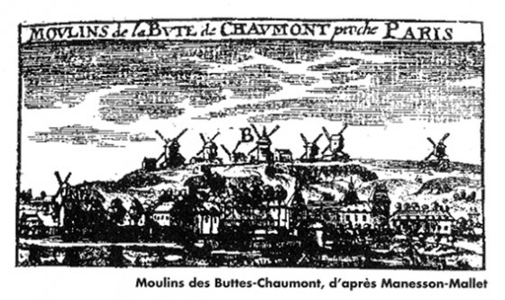 Moulins des Buttes-Chaumont, d'après Manesson-Mallet.